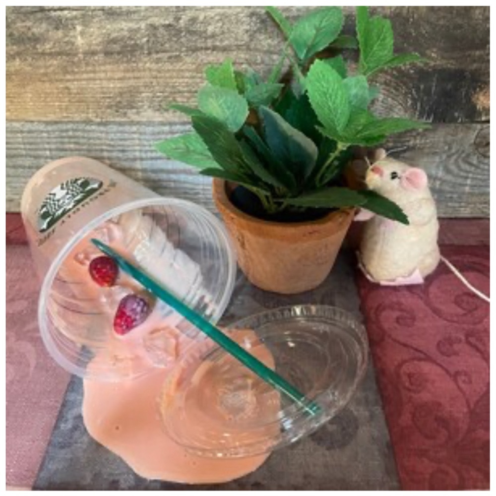 Spilled Pink Drink Strawberries Fake Food Photo Prop Resin Real Starbucks Cup